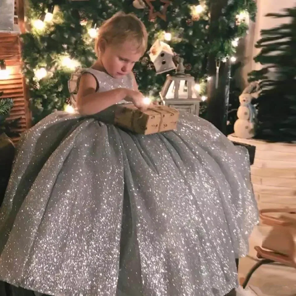 

Custom Sequined Bow Baby Children Party Dress Birthday Christmas Kids Formal Wear Wedding Party Events Flower Girls Dresses