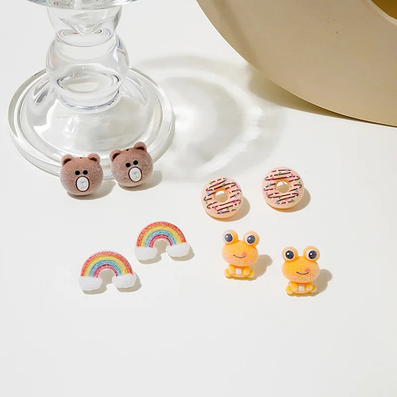

Trendy Cartoon Flocking Donut Bear Frog Rainbow Women Earrings Sweet and Cute Girl Fashion Campus Party Birthday Earrings Gift