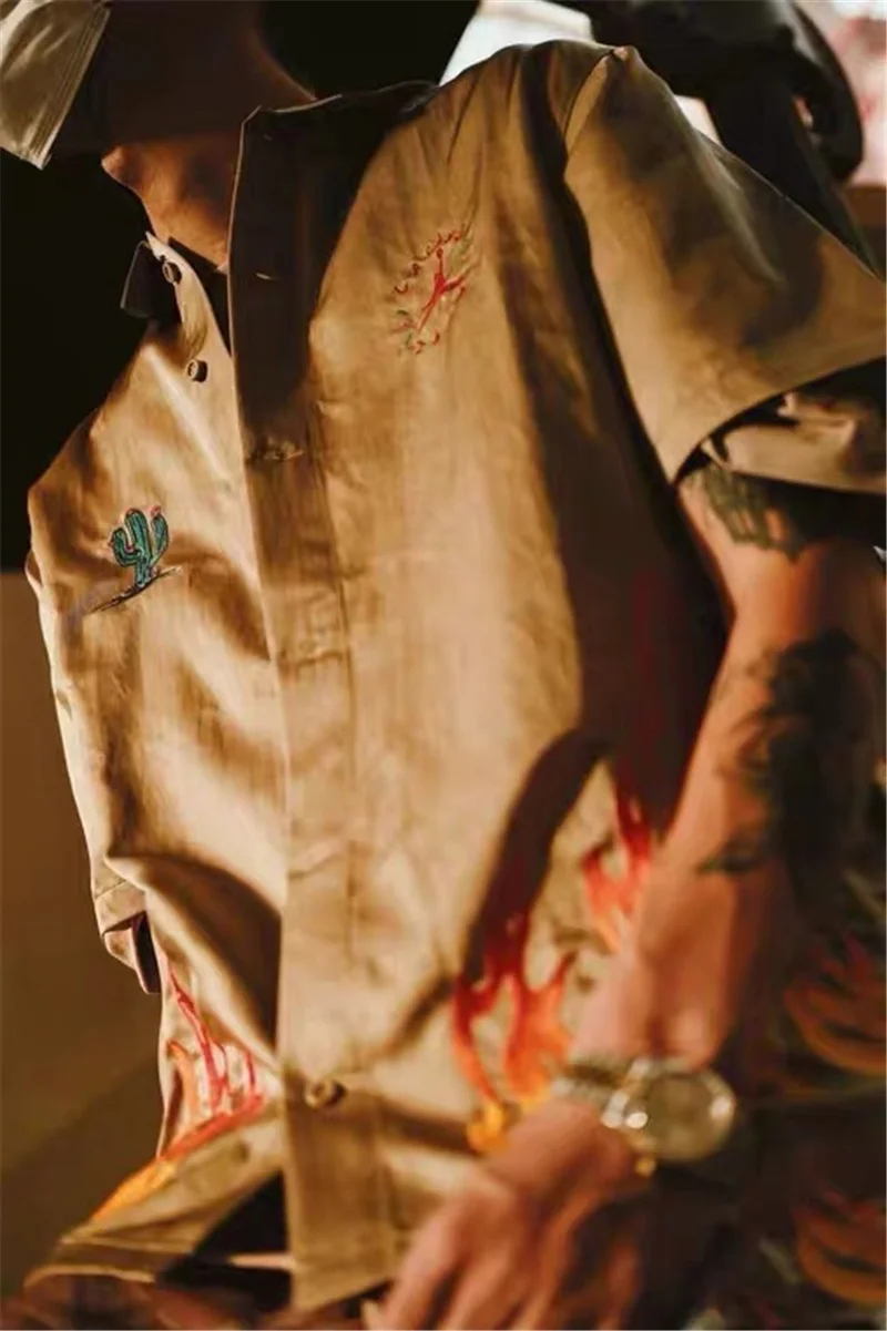 

Travis Scott Cactus Jack Button Down Shirt Heavy Embroidery Travis Scott Cactus Shirt