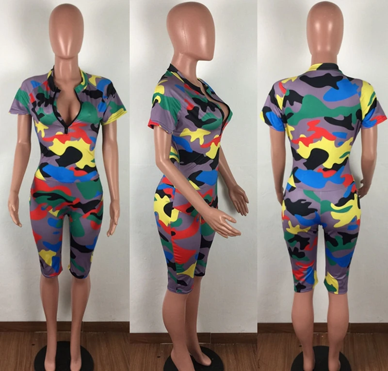 Женский Короткий комбинезон на молнии с камуфляжным принтом | Женская одежда