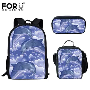 FORUDESIGNS 3Pcs Set Backpack 3D Cute Dolphin Printing Children School Schoolbag for Teen Boys Girls Shoulder Bags Book Bags