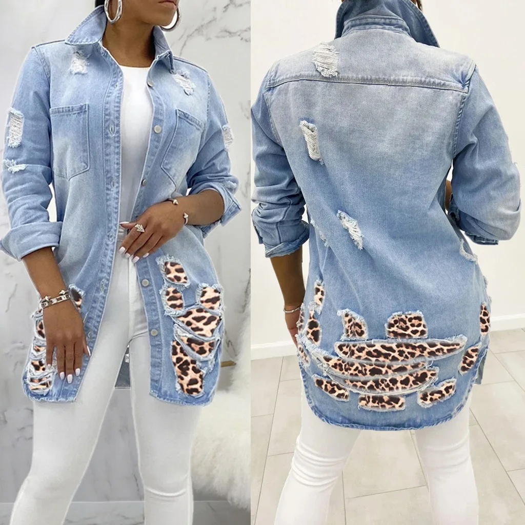 

Vintage Leopard Patchwork Denim Jacket Coats Women Pocket Jackets Light Blue Outerwear Hollow Out Single-breasted Casual Coat