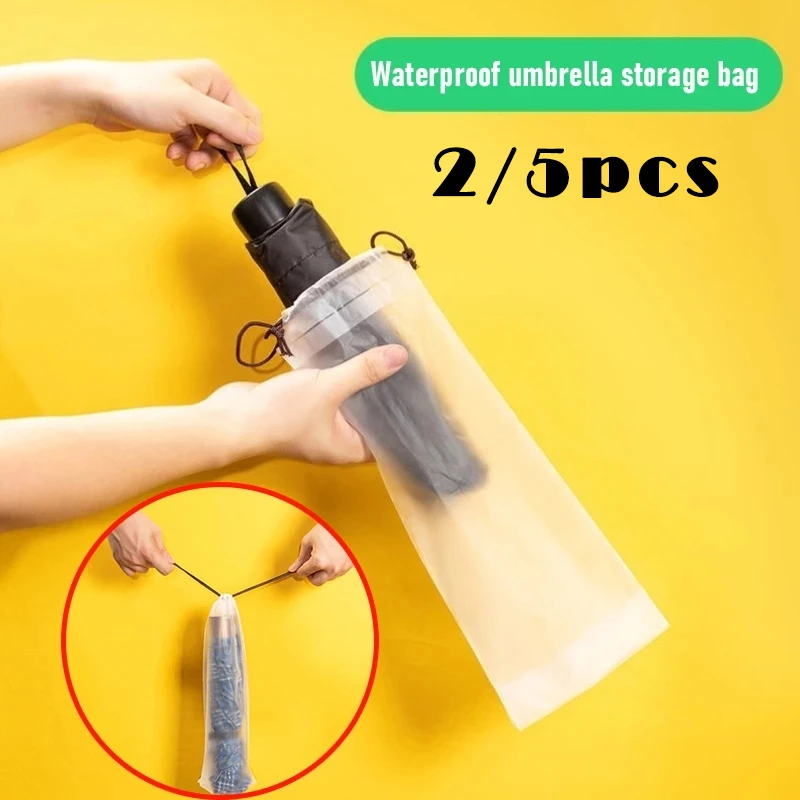 

2/5pcs Matte Translucent Plastic Umbrella Storage Bag Reusable Portable Umbrella Drawstring Cover Holder Home Storage Organizer