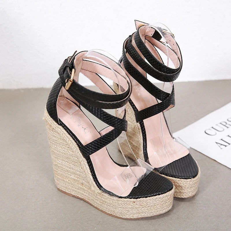 

Fashion PVC Sandal Women Transparent Sandals Buckle Strap Wedges High Heels Black Party Daily Pumps Shoes Size 35-40