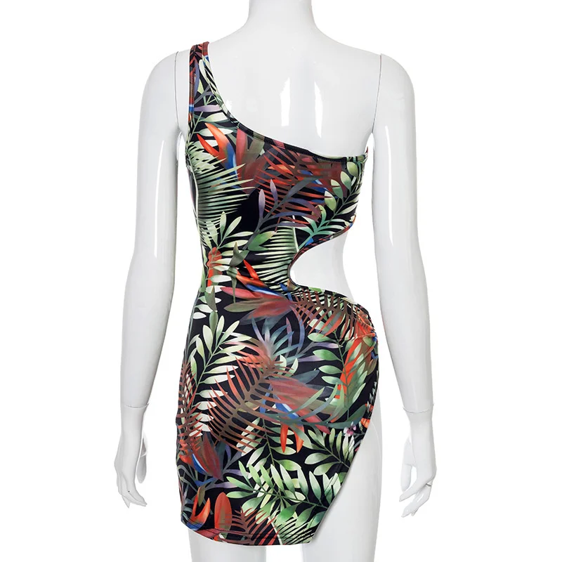 

Aushiya Hollow Out Print Irregular Summer Mini Dress Sleveless One Shoulder Dresses For Women 2021 Sexy Clubwear Vestidos Female