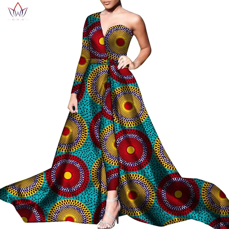 2pcs BazinRiche African One Shoulder Dresses and Pant Set Dashiki African Dresses for Women African Clothes Dress Trouser WY6055