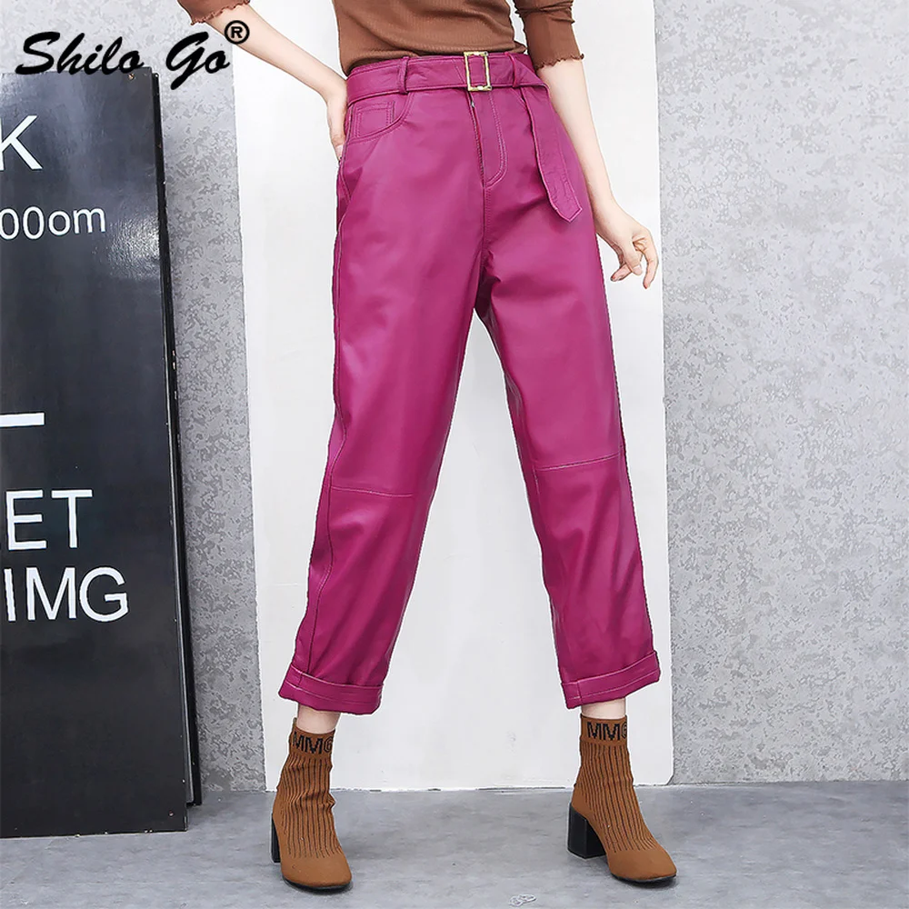 

Safari Style Harem Pants Womens Winter Buckle Belted Genuine Leather Straight Pants Streetwear Solid Sheepskin Trousers Female