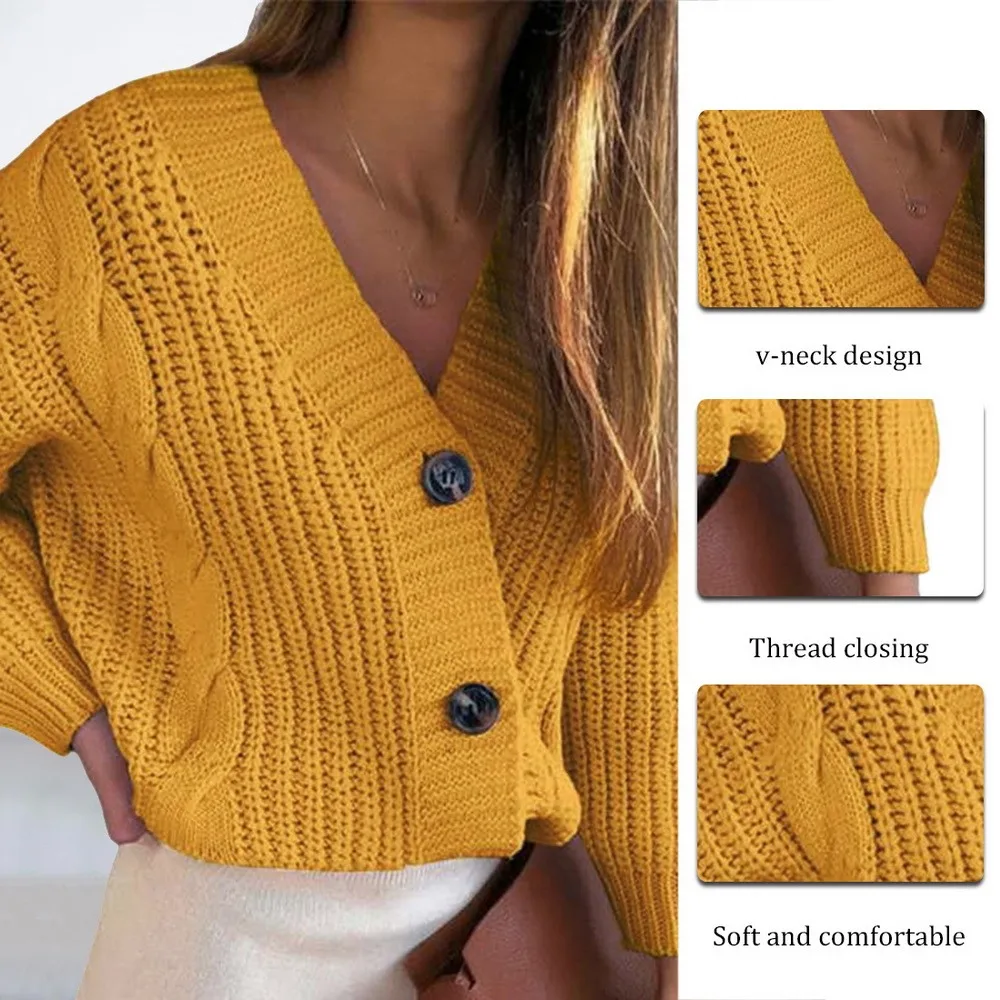 

Women Short Cardigan Knitted Sweater Autumn Winter Long Sleeve V Neck Jumper Cardigans Casual Streetwear Fashion Pull Femme Coat