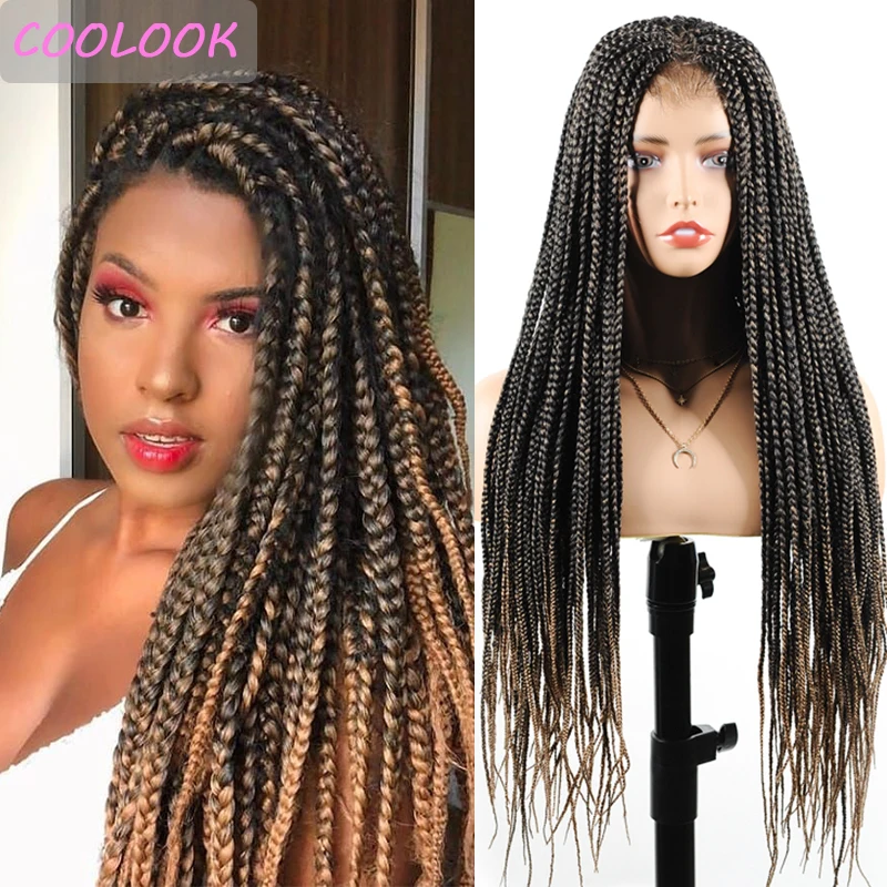 30 Inch Long Box Braided Lace Front Wigs for Black Women Ombre  Box Braids Wigs with Baby Hair Synthetic Lace Front Wig Cosplay