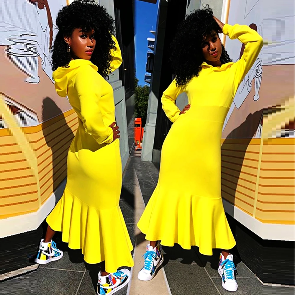 

Hoodie Dress Women 2020 Autumn Winter Casual Plus Size Hooded Sweatshirt long Dress Vintage Sexy Slim Solid Mermaid Maxi Dresses