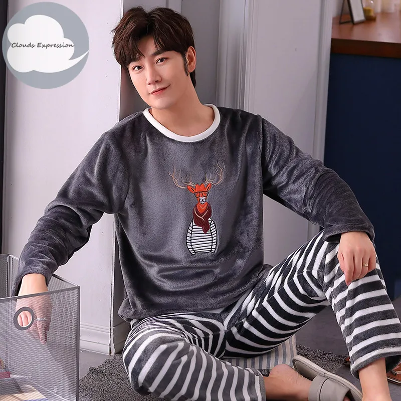 Пижамный комплект мужской фланелевый теплый тонкий пижамный одежда для сна с