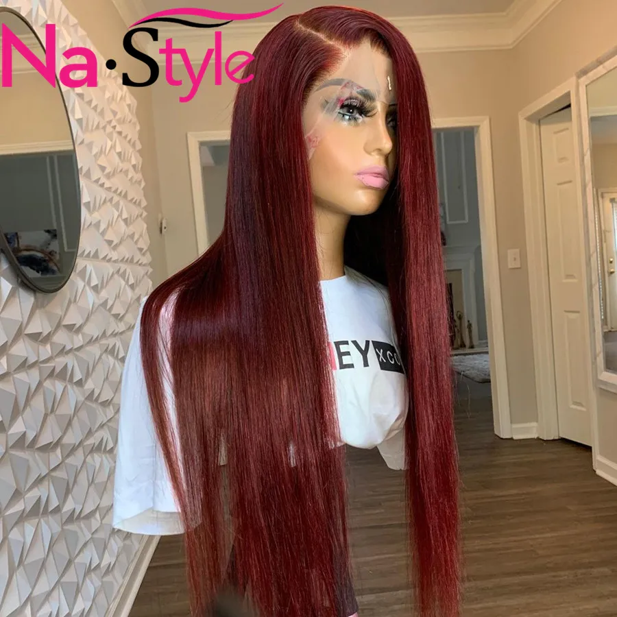 

Burgundy Straight Human Hair Red Lace Frontal Wig 99j Pre Plucked With Baby Hair 130% Remy For Woman Deep Part Lace Wigs