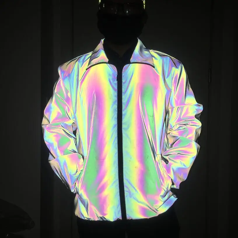 

Men autumn winter colorful reflective jacket hip hop coat women casual punk shiny reflect light streetwear chaqueta reflectante