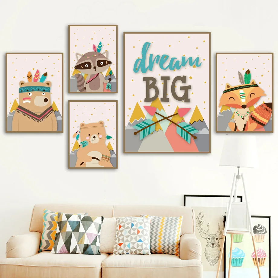 

Kawaii Animals Fox Lion Deer Owl Bear Wall Art Canvas Painting Nordic Posters And Prints Nursery Wall Pictures Kids Room Decor