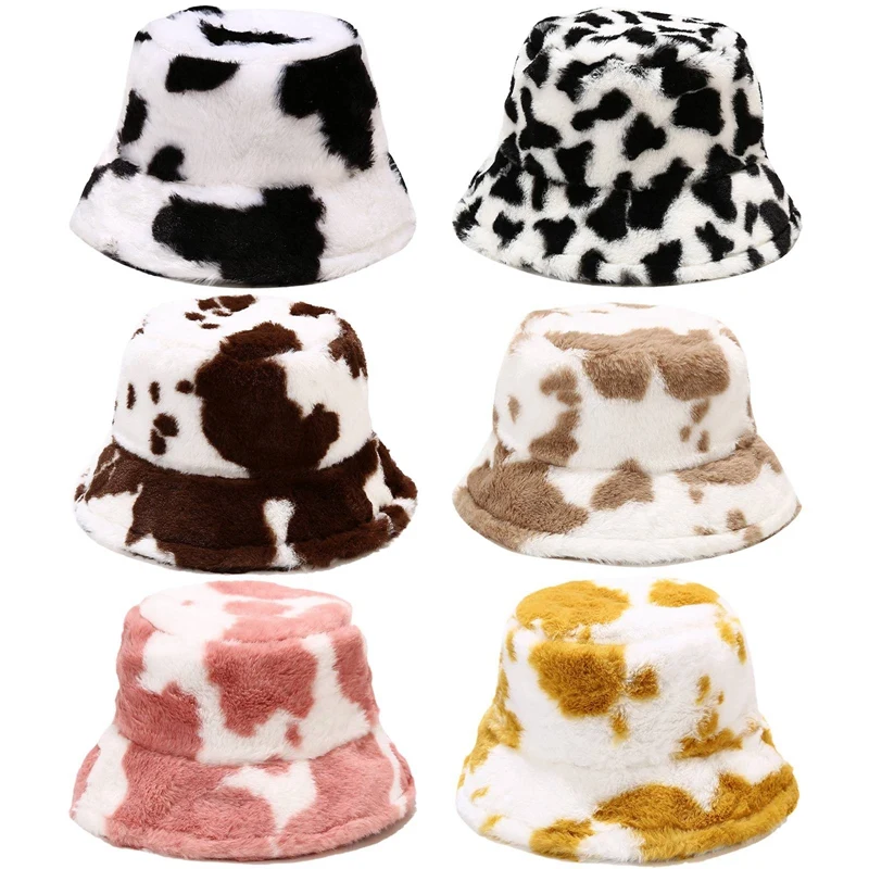 

Cow pattern fisherman hat female printing fashion plush thick warm basin hat