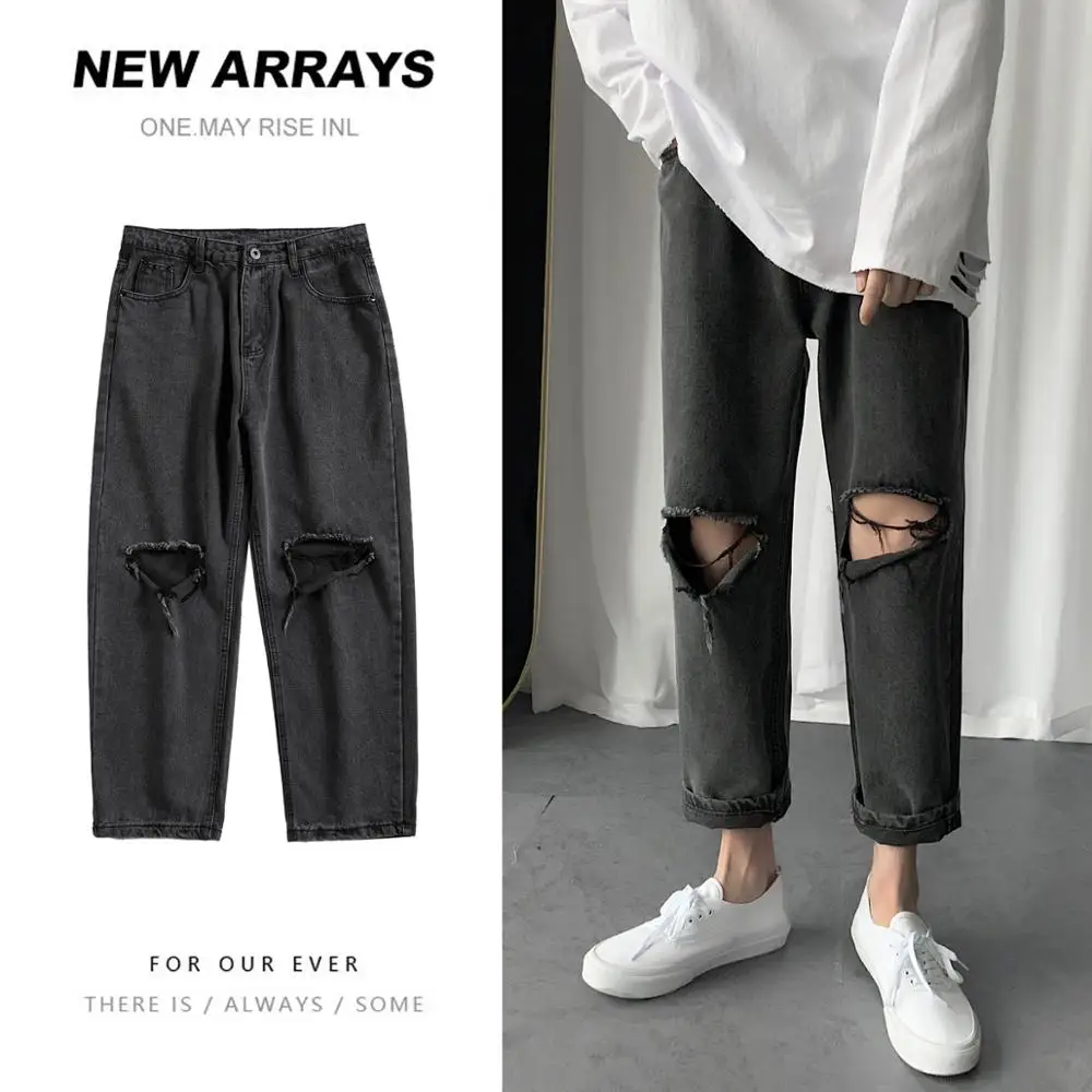 

Men Ripped Jeans Black Blue Hole Jeans Korean Fashions Straight Loose Harem Pants Male Denim Pants Plus