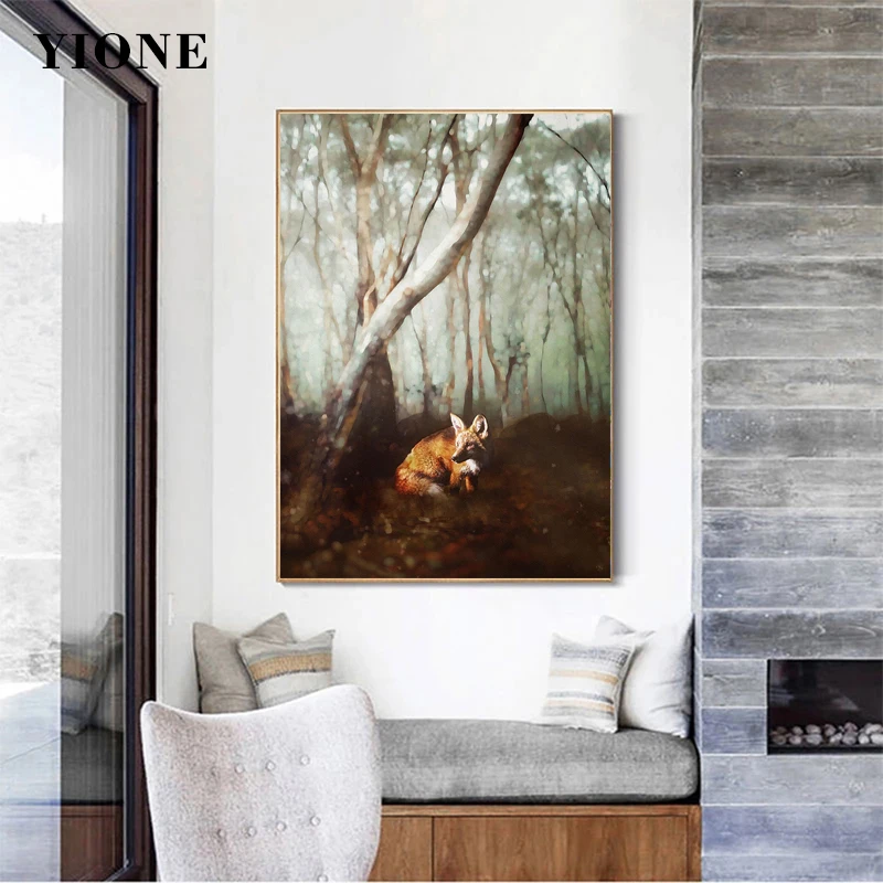 

Forest Fox Oil Painting on Canvas Custom Vintage Wild Animal Trees Wall Art Picture Print Poster for Living Room Bedroom Decor