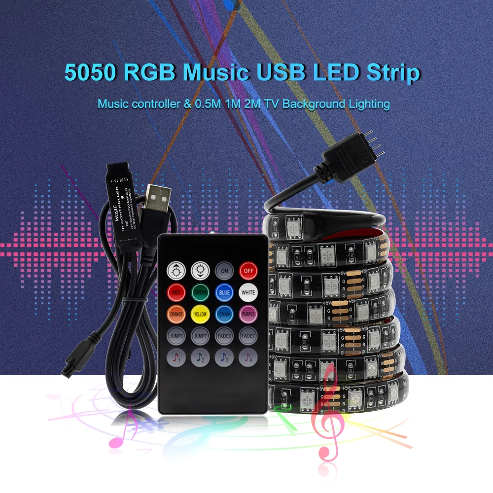 USB Светодиодная лента 5 в SMD 5050 RGB гибкий светодиодный светильник лента с радиочастотным пультом дистанционного управления музыкой для ПК экран ТВ фоновый светильник ing 1 м 2 м