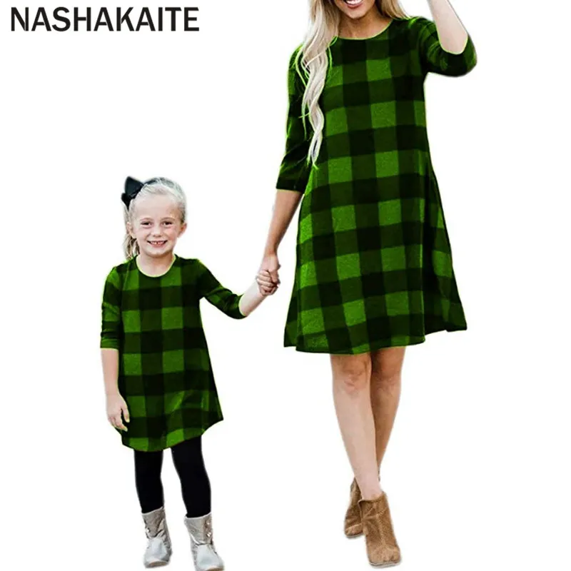 NASHAKAITE/модные платья для мамы и дочки; мини-платье в клетку с карманами в три четверти; одежда для мамы и дочки; платье для мамы и дочки