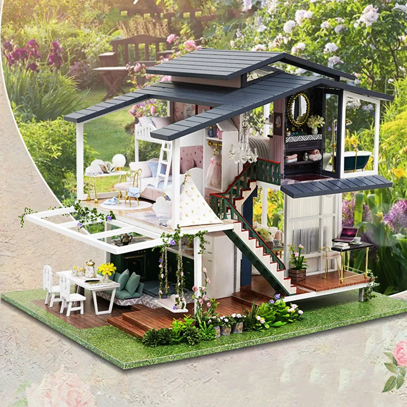 new diy big monet garden doll house wooden model miniature building furniture miniature action figure 3d manual toy for children free global shipping