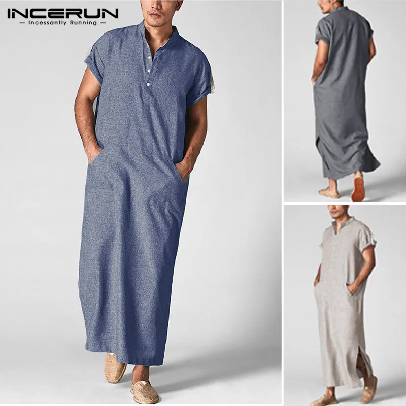 

INCERUN Men Islamic Arab Muslim Kaftan Stand Collar Short SLeeve Pockets Vintage Robes Middle East Solid Men Jubba Thobe S-5XL