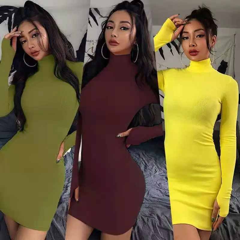 

Commuter dress solid color knitted skirt New temperament semi-high collar long sleeve bottoming dress Slim sexy Joker bag hip sk