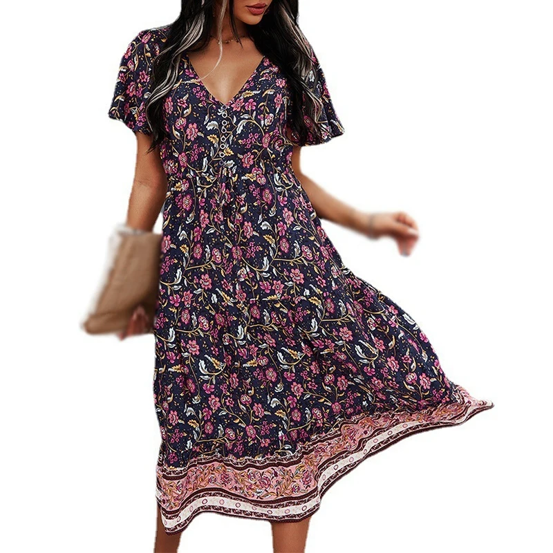 

Summer Women's Slim Small Floral Printing Long Paragraph V-neck Short Sleeve Fashion Dresses
