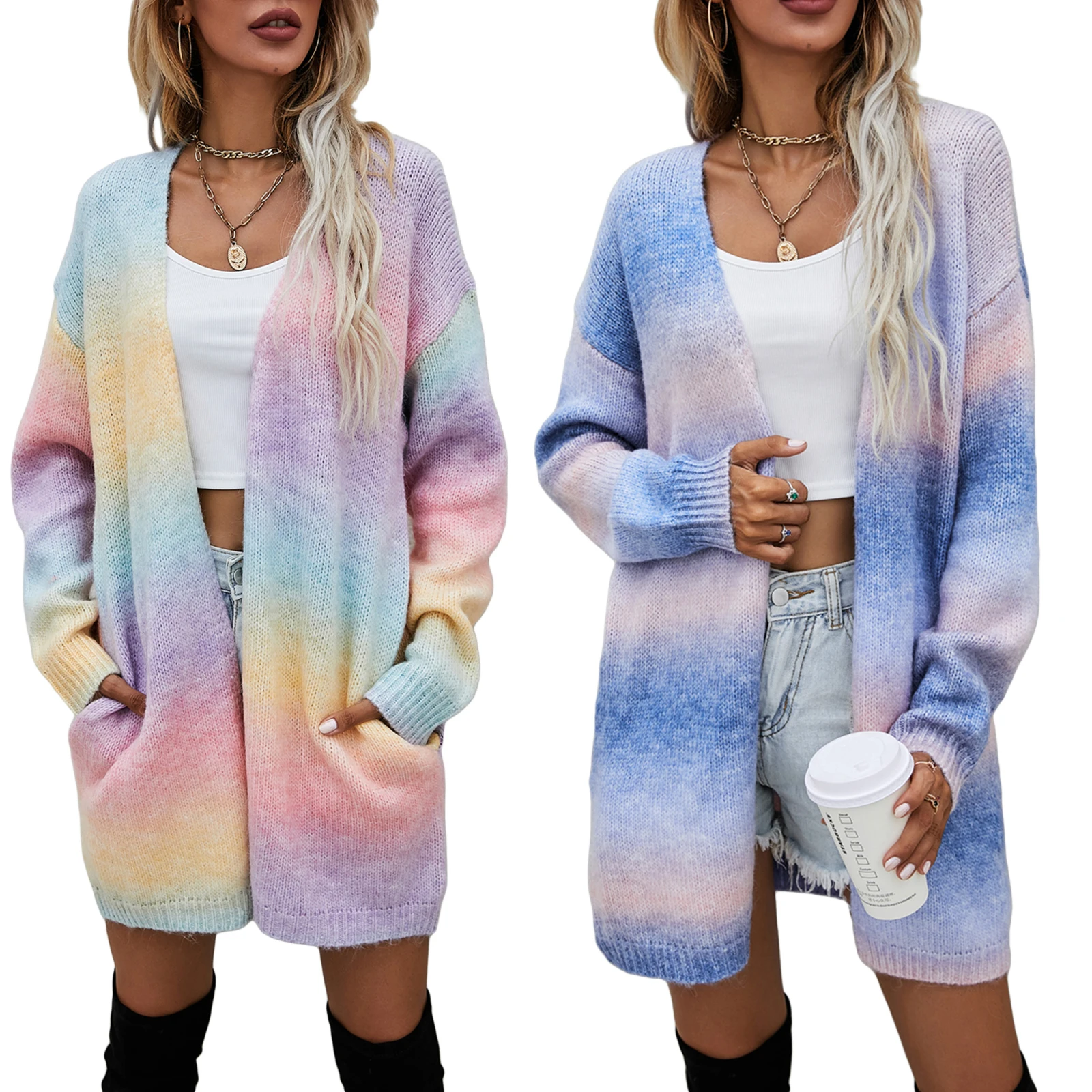 

Women Open Front Sweater, Adults Winter Tie-dye Long Sleeve Knit Cardigan with Pockets 2021 New Fashion