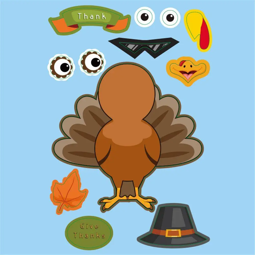 

4 Sheets Thanksgiving Decor Party Kids Turkey Stickers Games Supplies Make-A-Turkey Stickers