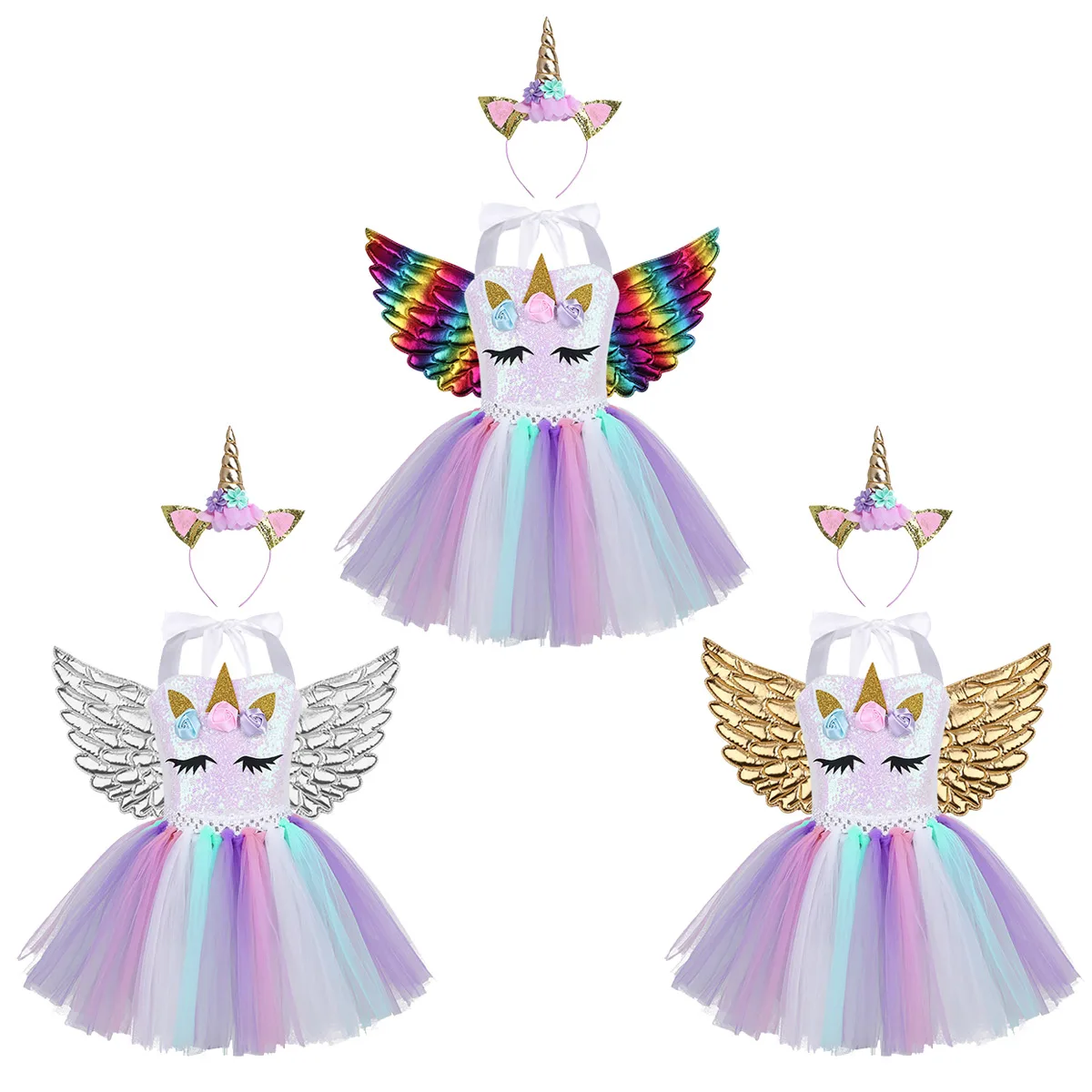 Kids Girls Cartoon Outfit 3D Flowers Shiny Sequins Mesh Tutu Dress with Hair Hoop Wings Halloween Cosplay Party Costume Set |