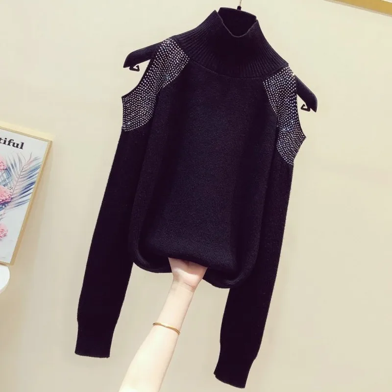 

2020 New Korea-style High Collar Pullovers Hollow Out Hot Drilling Off The Shoulder Long Sleeve Knitted Top Female Sweaters