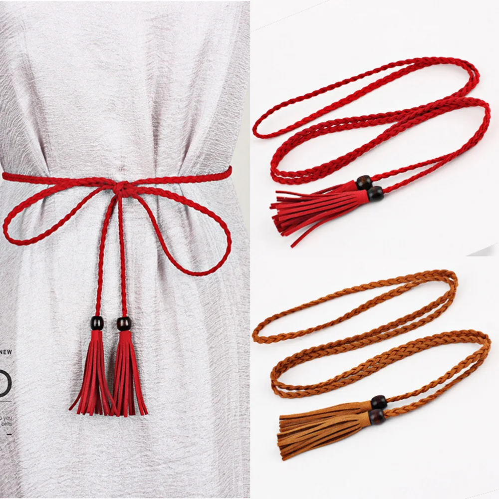 

Women Fashion Tassel Woven Waist Rope Belt Thin Leather Braided Waistband Bohemia Ladies Dress Corset Belt Decoration Accessory