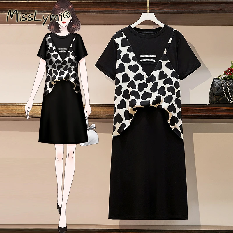 

5XL Plus Size Women Casual Tshirt Dress Summer 2021 Short Sleeve Beading Patchwork Heart Print Chiffon Fake Two Piece Dresses