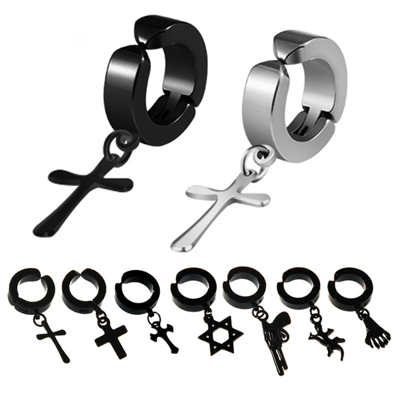 

Stainless Steel Cross Pendant Punk Ear Clip On Earrings For Men/Women Hip Hop Jewelry Earring Fake Piercing