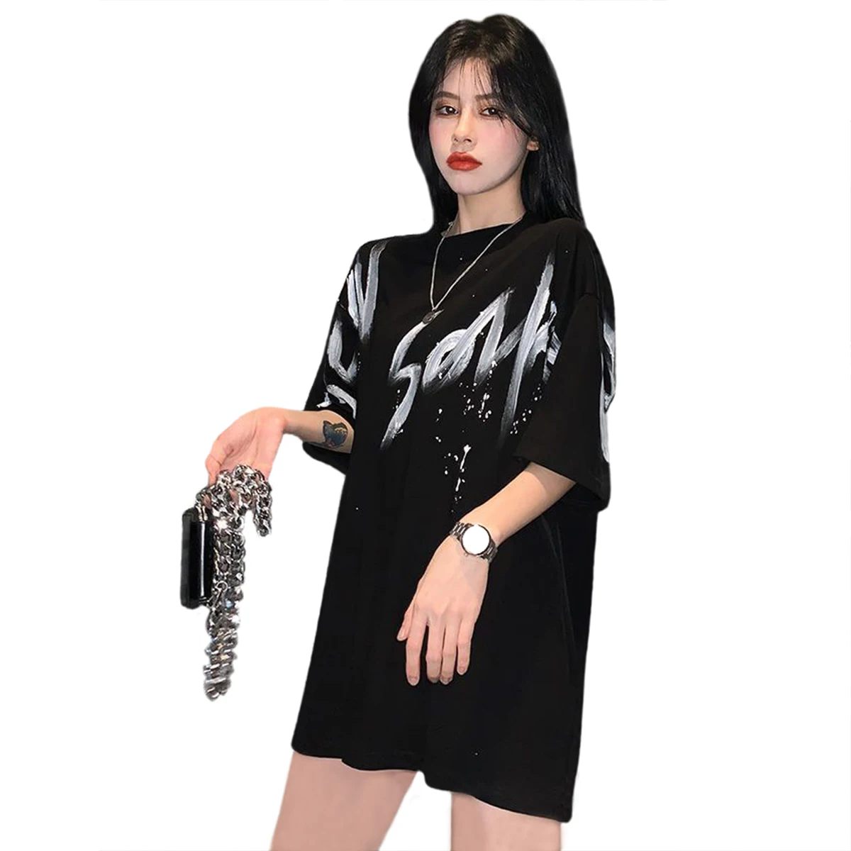 

Women's Lettered Print T-Shirt Hip Hop Street Female O-Neck Tshirt Oversized Summer Loose Short Sleeve Size Tee Gothic Top TS028