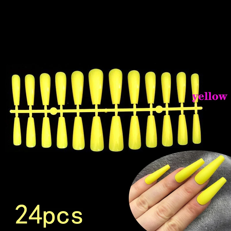 

24 pcs /set fake nails long coffin false nails European ballerinas press on Nails Art Tips yellow red beauty artificial nails