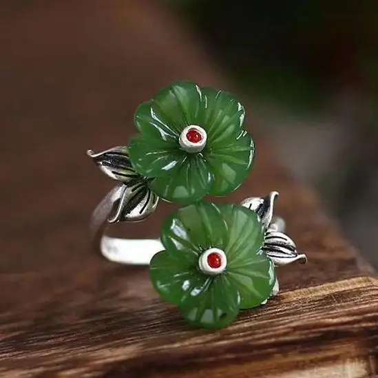 

New Sterling Silver S925 Sterling Silver Inlaid Natural Hetian Jade Double-Headed Plum Blossom Index Finger with Opening Ring Hi