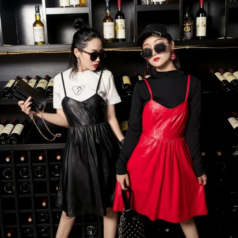

2021 New Autumn Winter Womens Dress Fashion Solid Genuine Leather Suspender Dress Female Elegant Slim Fit Pleated Dress M-3XL