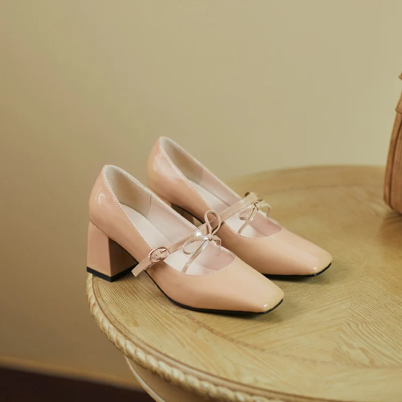 

Beige High Heels Shallow Mouth Women's Shoes With Straps Square Toe Branded Pumps Sweet Sandals Ladies 2021 12cm Buckle Casual F