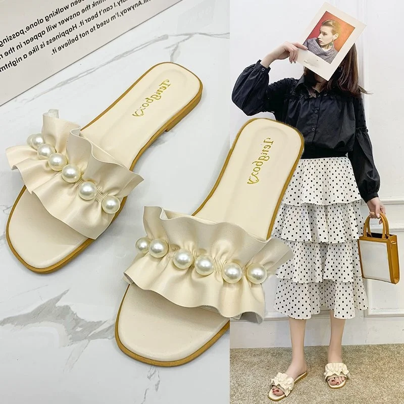 

Fairy Style Pearl Lace Sandals And Slippers For Women's Outer Wear 2021 Summer New Beach Sandals Large Size Slippers