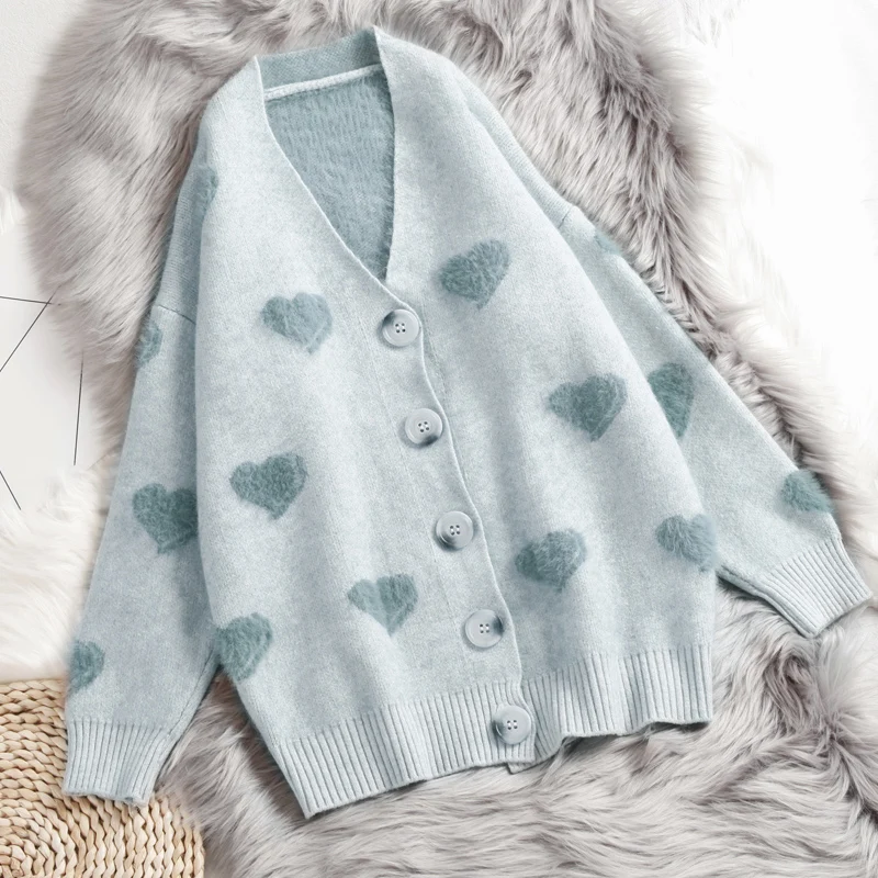 Kawaii Heart Sweater Women Autumn Winter V Neck Solid Color Button Knitted Cardigan Korean Vogue Loose Blue Warm Soft Femme Coat |