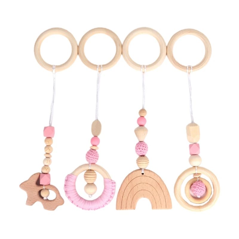 

4 Pcs/Set Baby Teething Nursing Rattle Toys Gifts Play Gym Frame Stroller Hanging Pendants Wooden Ring Teether Molar