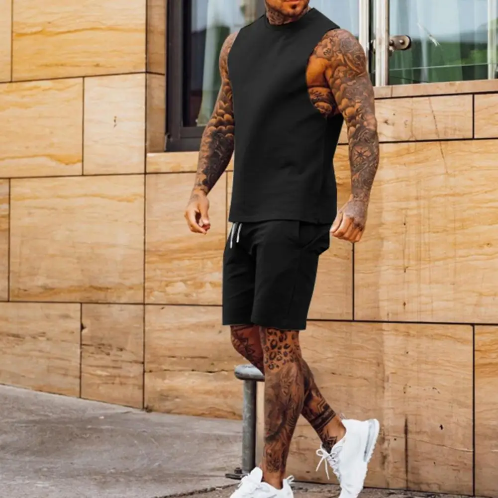 

Summer Tracksuit Set Sleeveless Wearing Casual Style Fitness Men Sportswear Set one sleeveless top knee-length one shorts New