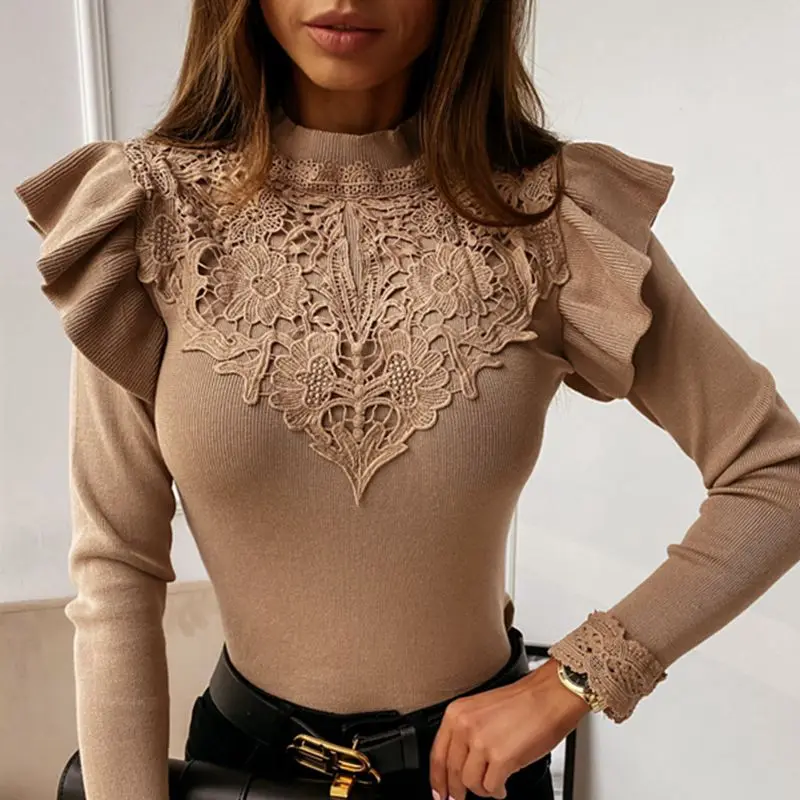 

2021 Autumn Winter O-Neck T-shirt Casual Lace Patchwork Long-Sleeved Solid Black White Bottoming Shirt Women Knitted Sweater