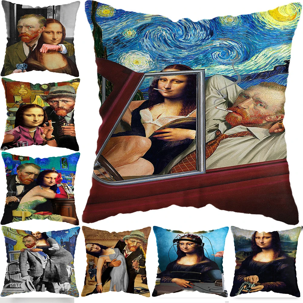 

Van Gogh Oil Painting Style Cotton Linen Cushion Cover 45x45cm Mona Lisa Pillow Case For Sofa Car Chair Gift Cojines