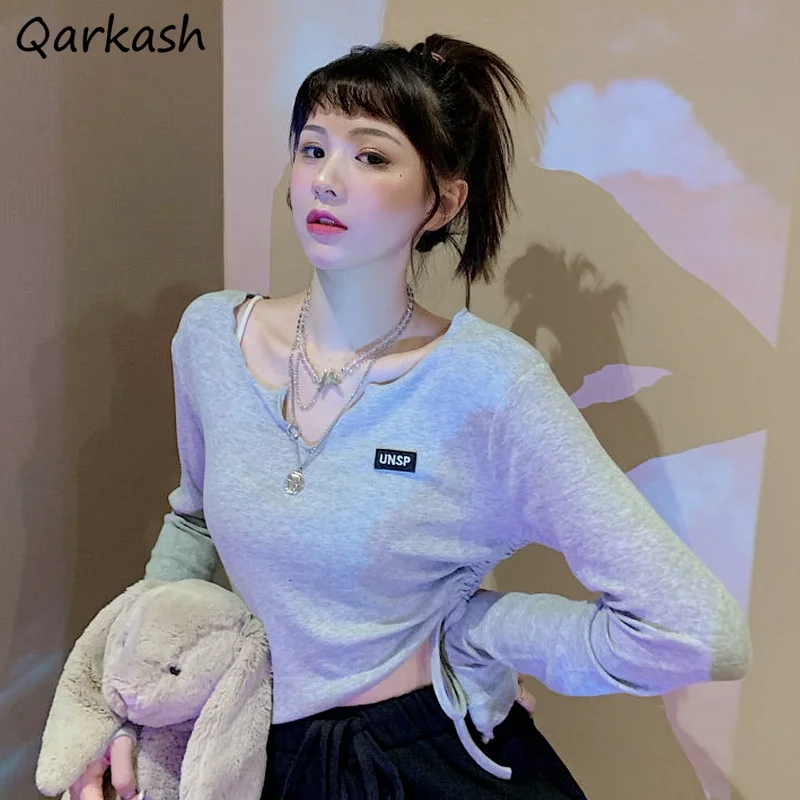 

T-shirts Women Long Sleeve Fashionable Crop Tops O-neck Shirring All-match Sexy Lady Street Workout Clothing Solid Thin Summer