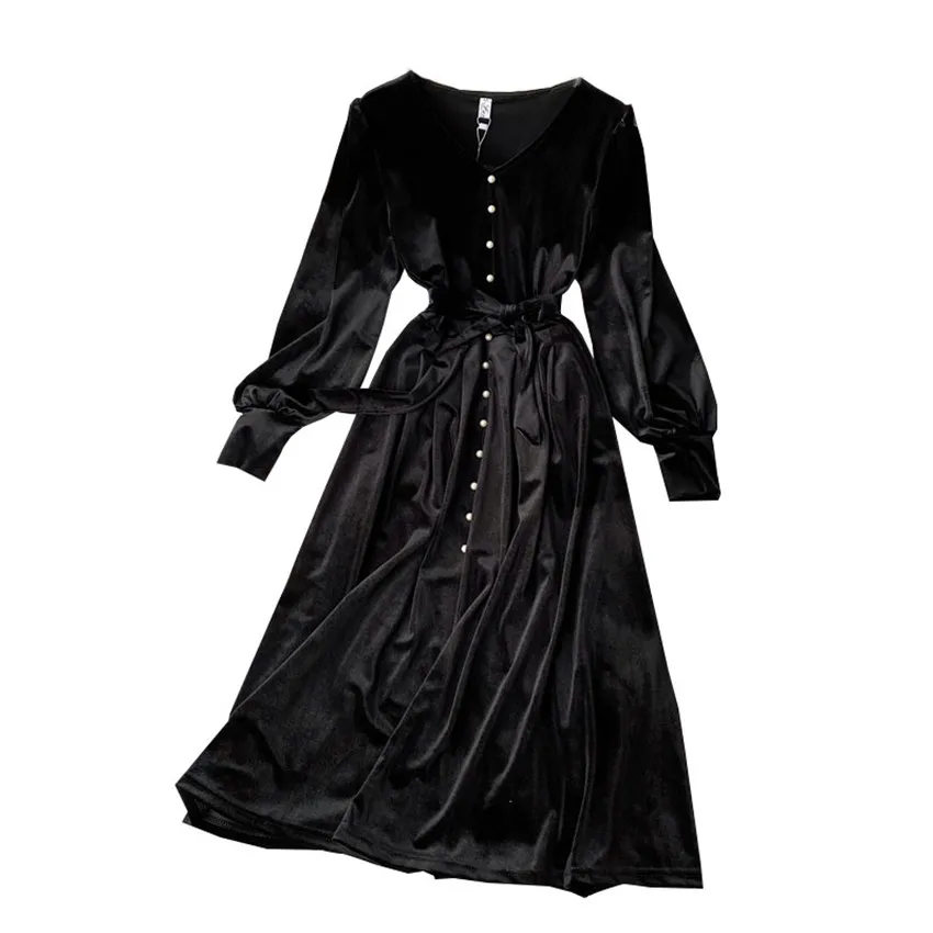 

Autumn Winter French Dress Women Lantern Sleeve Pearl Bead Casual Vintage Black Dress Midi-calf Vestido De Mujer 2020