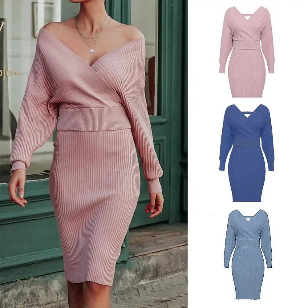 На осень и зиму сексуальное платье с v образным воротом Женский вязаный костюмы