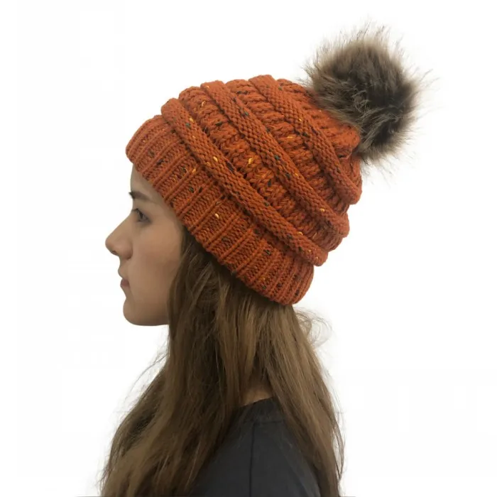 orange pom ball Женские зимние теплые шапки бини с милым искусственным мехом помпонами, вязаные шапки Skullies, уличные повседневные Лыжные шапки - Цвет: orange pom ball