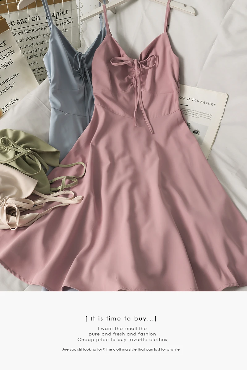 

2021 Summer Drawstring Bow Tie Low Neck Sling Women New High Waist Mid-length Dress